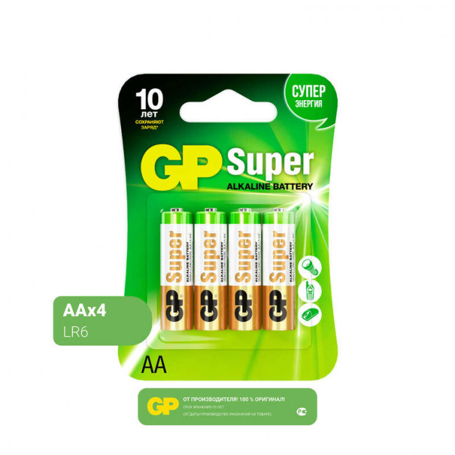 БАТАРЕЙКА GP SUPER ALKALINE АА (LR6) 4 ШТ. (15А-BC4) GP GP БАТАРЕЙКА GP SUPER ALKALINE АА (LR6) 4 ШТ. (15А-BC4) GP GP