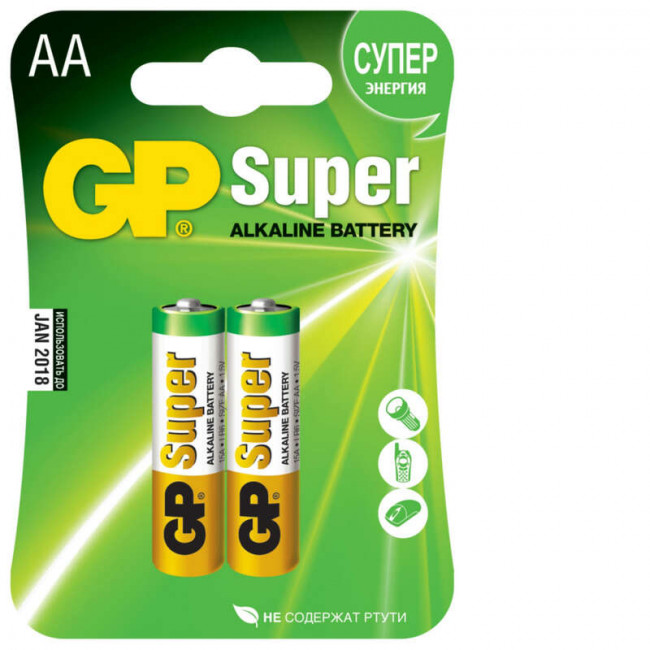 БАТАРЕЙКИ GP SUPER ALKALINE 15A-2CR2 (LR06), 2 ШТУКИ, АА GP GP БАТАРЕЙКИ GP SUPER ALKALINE 15A-2CR2 (LR06), 2 ШТУКИ, АА GP GP